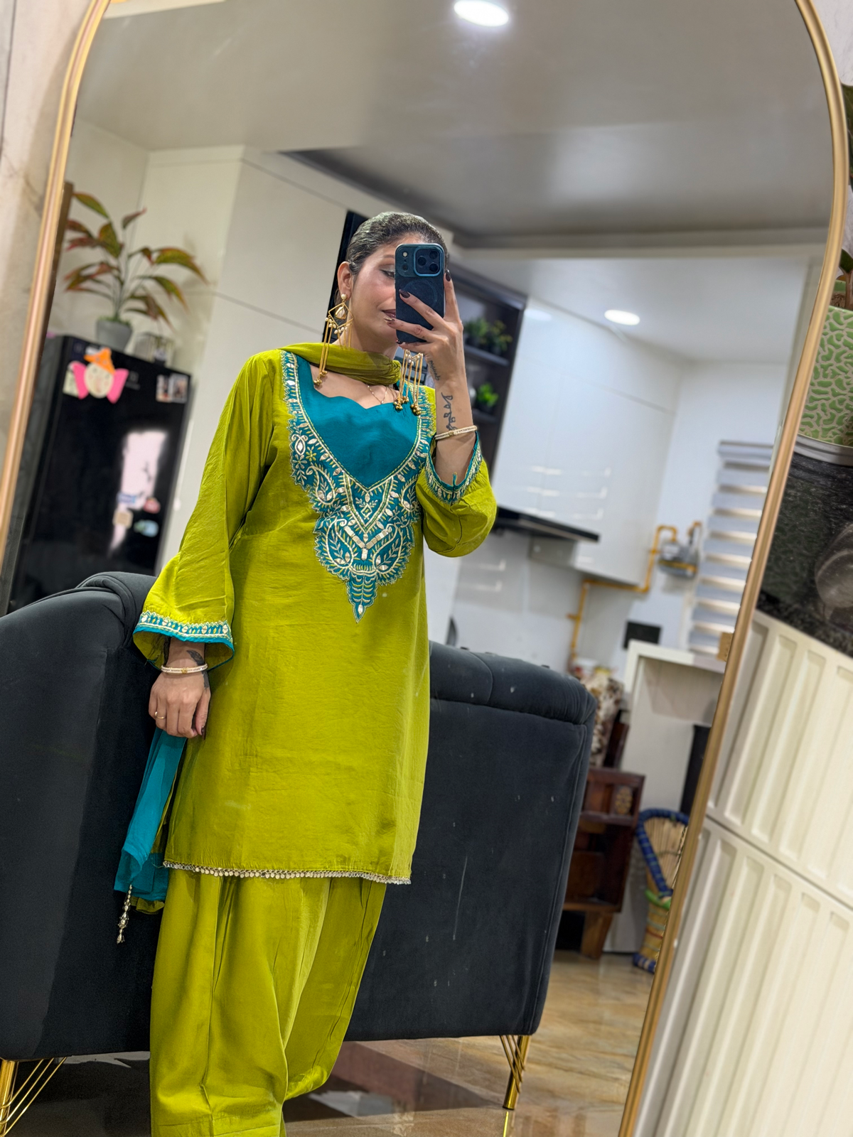 Olive Green & Teal Embroidered Suit Set