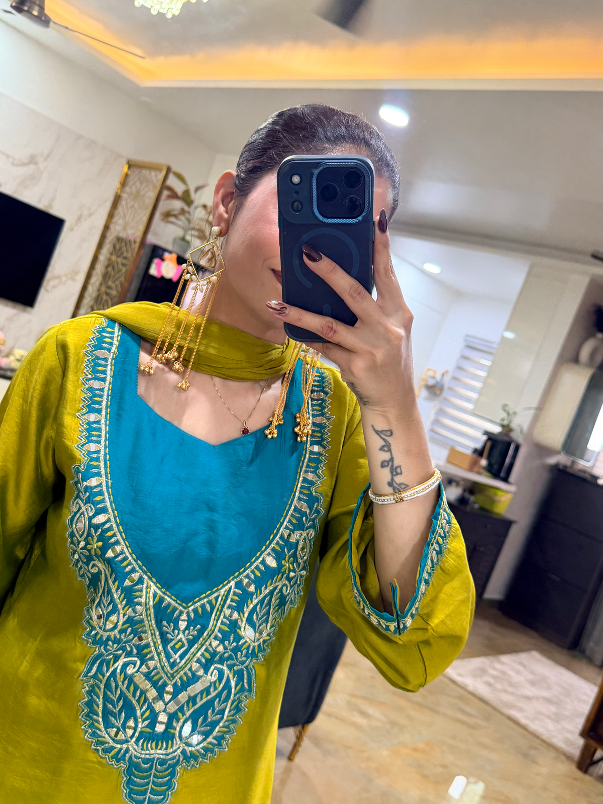 Olive Green & Teal Embroidered Suit Set