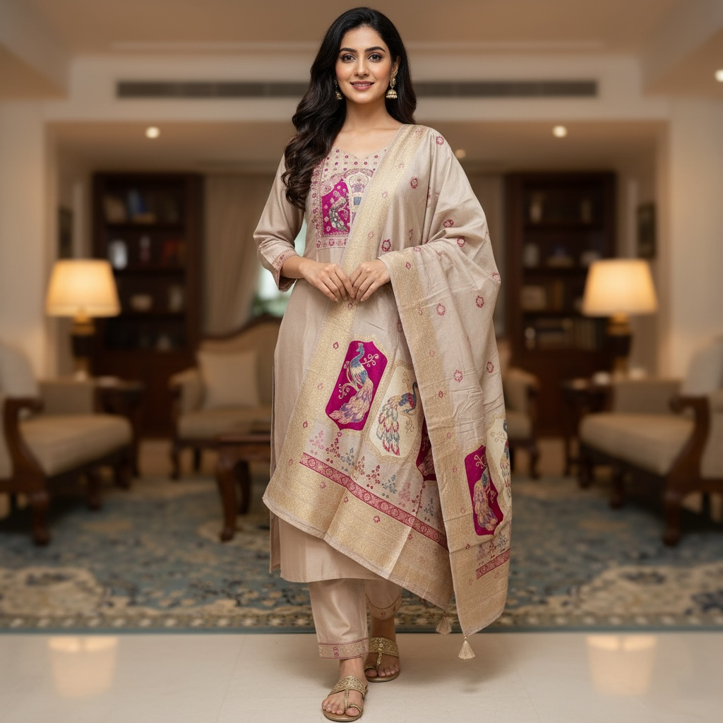 Beige & Pink Printed 3-Piece Suit Set