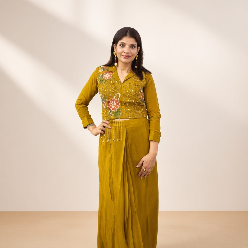 Mustard Floral Embroidered Indo-Western Skirt Set