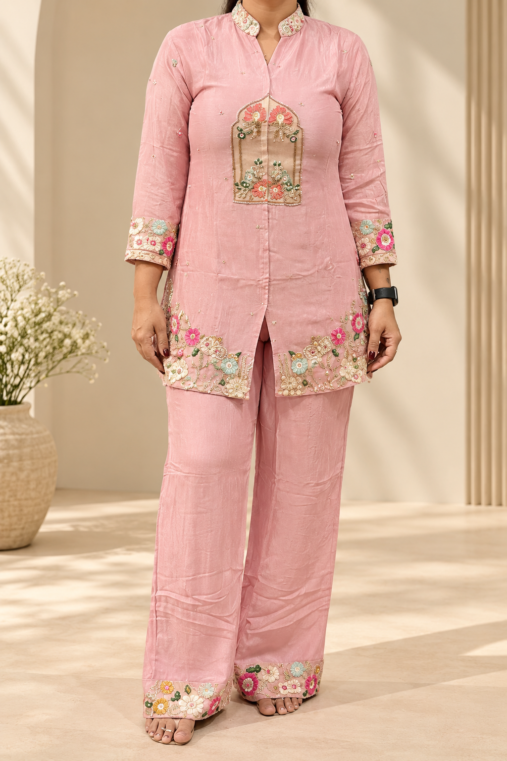 Pink Floral Embroidered Co-ord Set