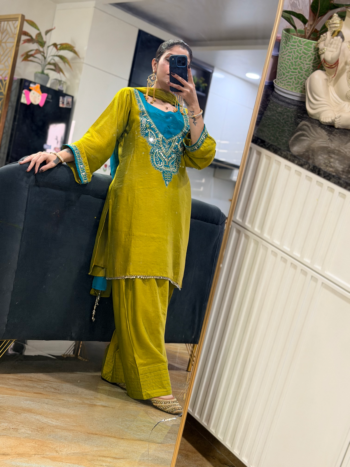 Olive Green & Teal Embroidered Suit Set