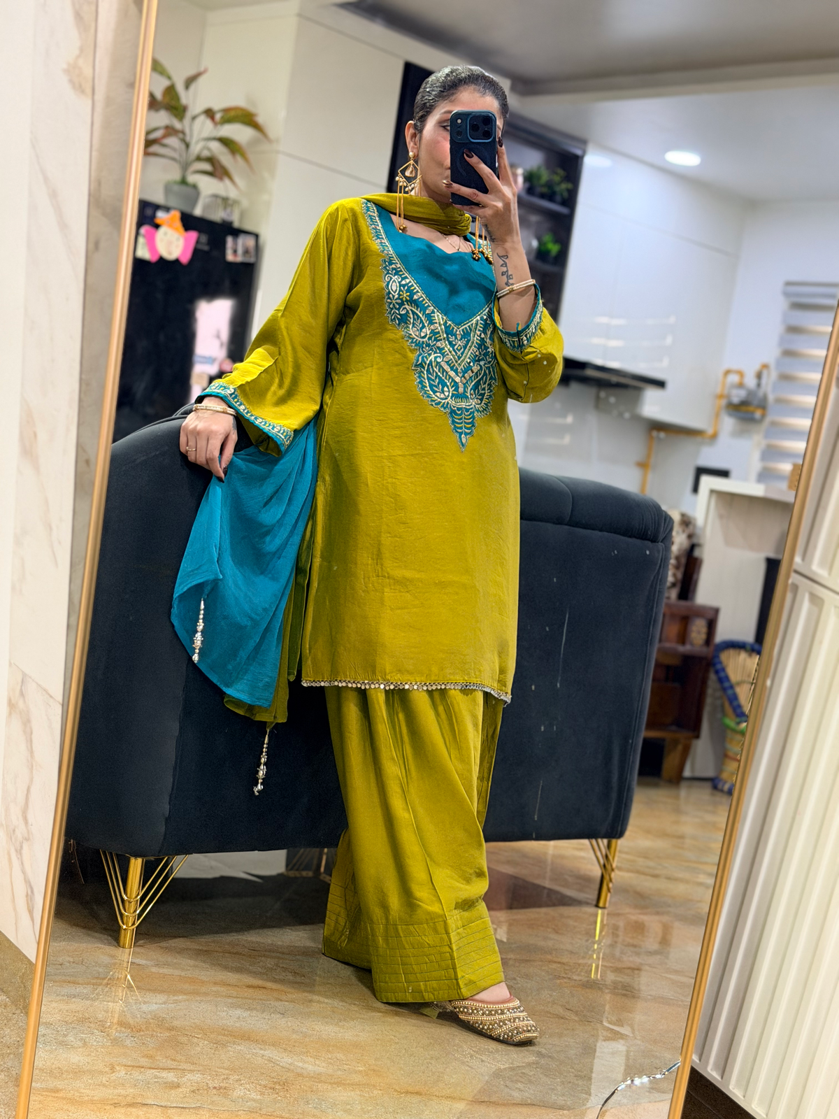 Olive Green & Teal Embroidered Suit Set