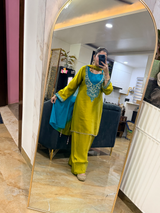 Olive Green & Teal Embroidered Suit Set