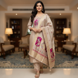 Beige & Pink Printed 3-Piece Suit Set