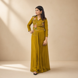 Mustard Floral Embroidered Indo-Western Skirt Set